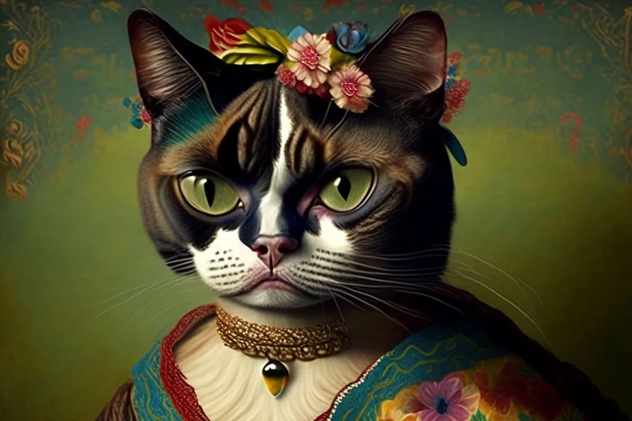 antropomorphic Frida Kahlo cat