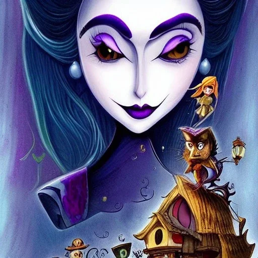 extrem tim burton style and disney style of an old and extrem malicious stepmother, sharp focus, sneaky eyes, old face