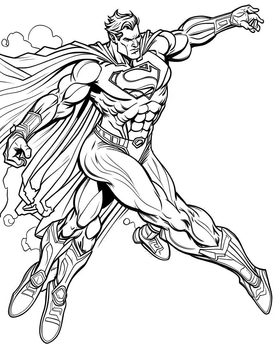 real massive Superman fly, coloring page, no leaves, full body (((((white background))))), only use an outline., real style, line art, white color, clean line art, white background, Sketch style