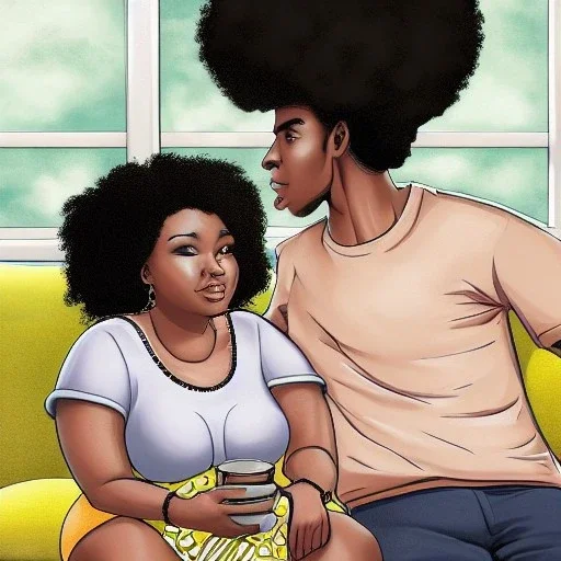 30 years old slim handsome black man with lowcut and 28 years old curvy lady with afro hairstyle eating and watching television in a beautiful sitting room, digital painting, digital illustration, extreme detail, digital art, 4k, ultra hd