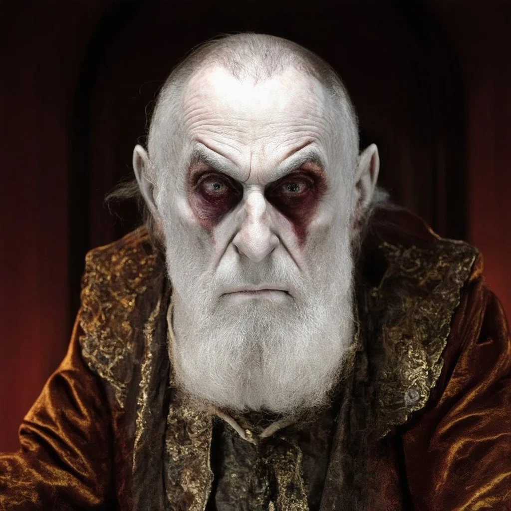 very grainy discolored modern photo, closeup portrait, dark ancient hall with no lights, grunge, extremely old male with chalk-white skin wearing old dashing and opulent gilded clothes, threatening, imposing, nosferatu