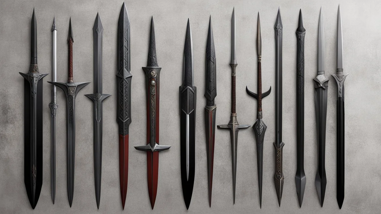 high res photo of klingon weapons in a line batleth tahg mekleth gintak mevak kligat kurleth kutluch tajtiq