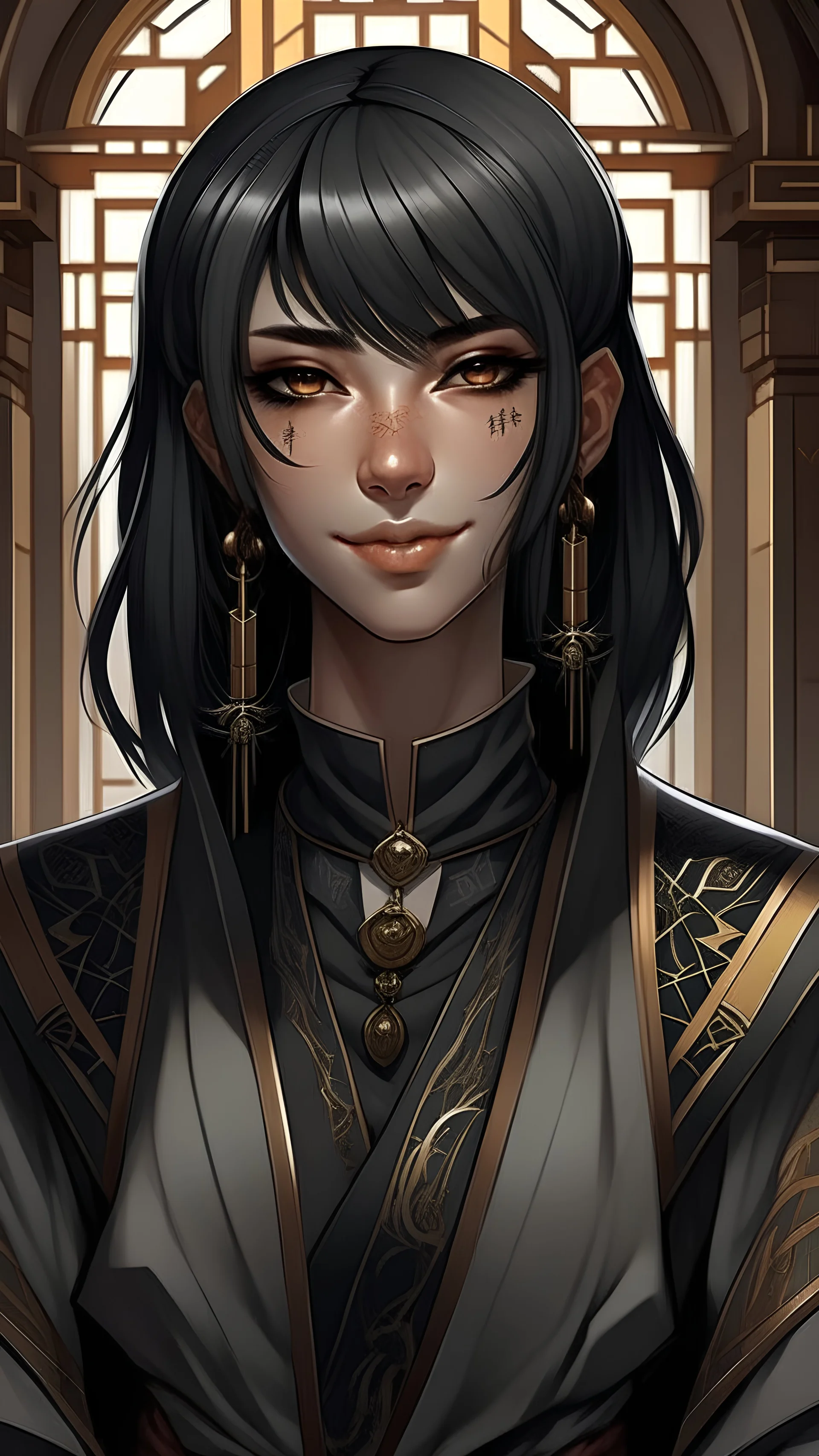 Realistic brutalist anime art style. Lyari is the Vicereine of Auris. She has long and dark brown asymmetrical haircut. Maniacal grin. A jaw-dropping monarchical beauty.