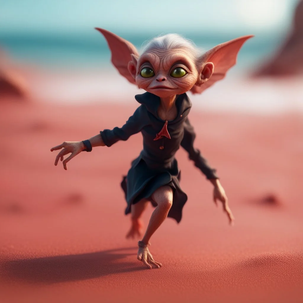 elongated gremlin flying bromstick female witch on a red sand beach ,bokeh like f/0.8, tilt-shift lens 8k, high detail, smooth render, down-light, unreal engine