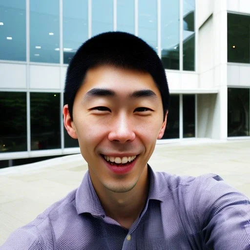 A short haired, Japanese Male software engineer from MIT taking a selfie in front of Building 92 at Microsoft in Redmond, Washington