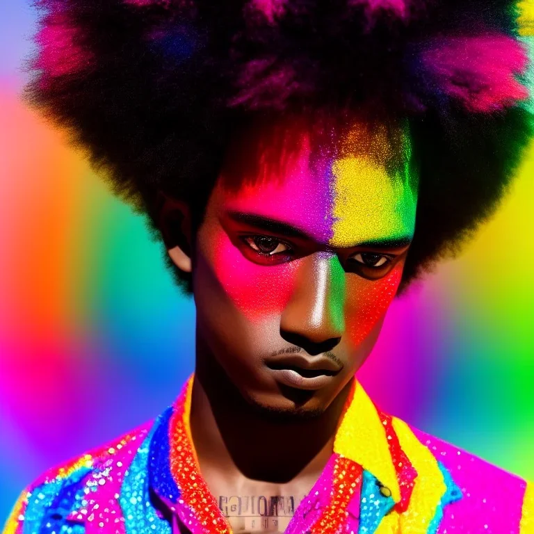 full body shot, masterpiece, best quality, one boy, dark skinned, sparkling eyes, fluorescent skin, colorful makeup, afro, highly detailed body, sun light, 4K, RAW, depth of field, high contrast, realistic details, 24mm