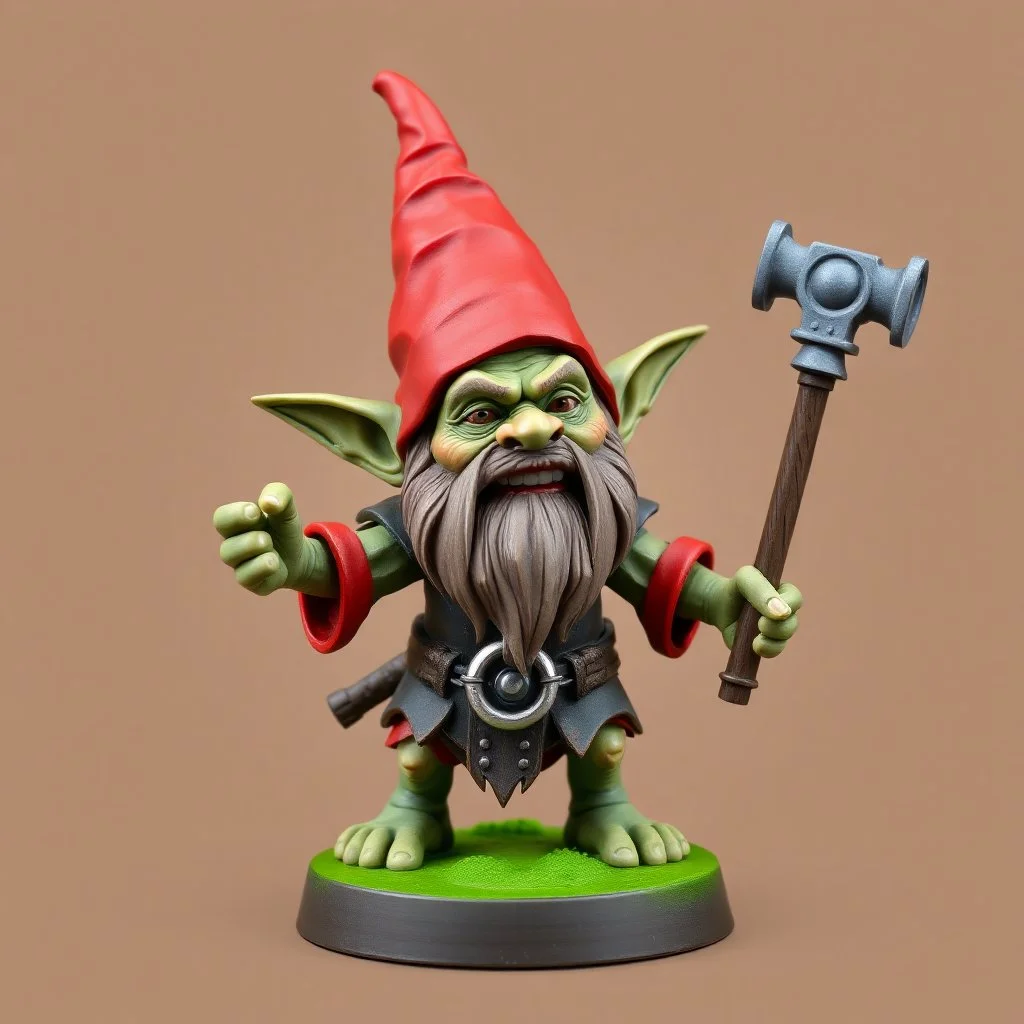 low poly, goblin gnome troll miniature model half painted arms outstretched holding battle hammer offering gift