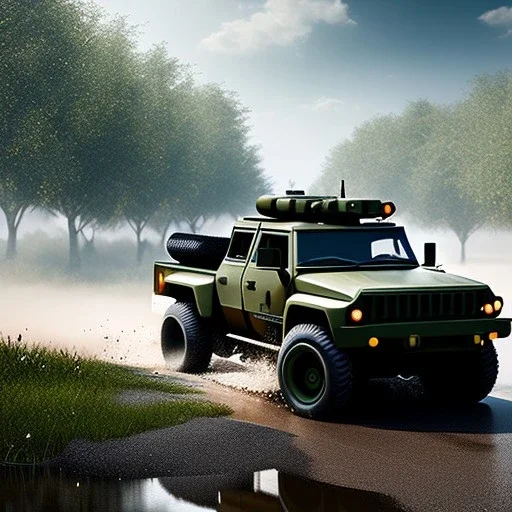 hyperrealistic shot, military toy truck, monotone color palette, sharp focus, puddle reflection, tire water splash, refraction, mist on the horizon, shadowcast, detailed and intricate, cinematic composition