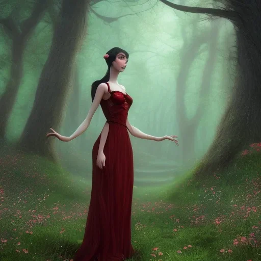 Girl with black hair using long red dress in a magic forest, fantasy style, surrealism, 8k