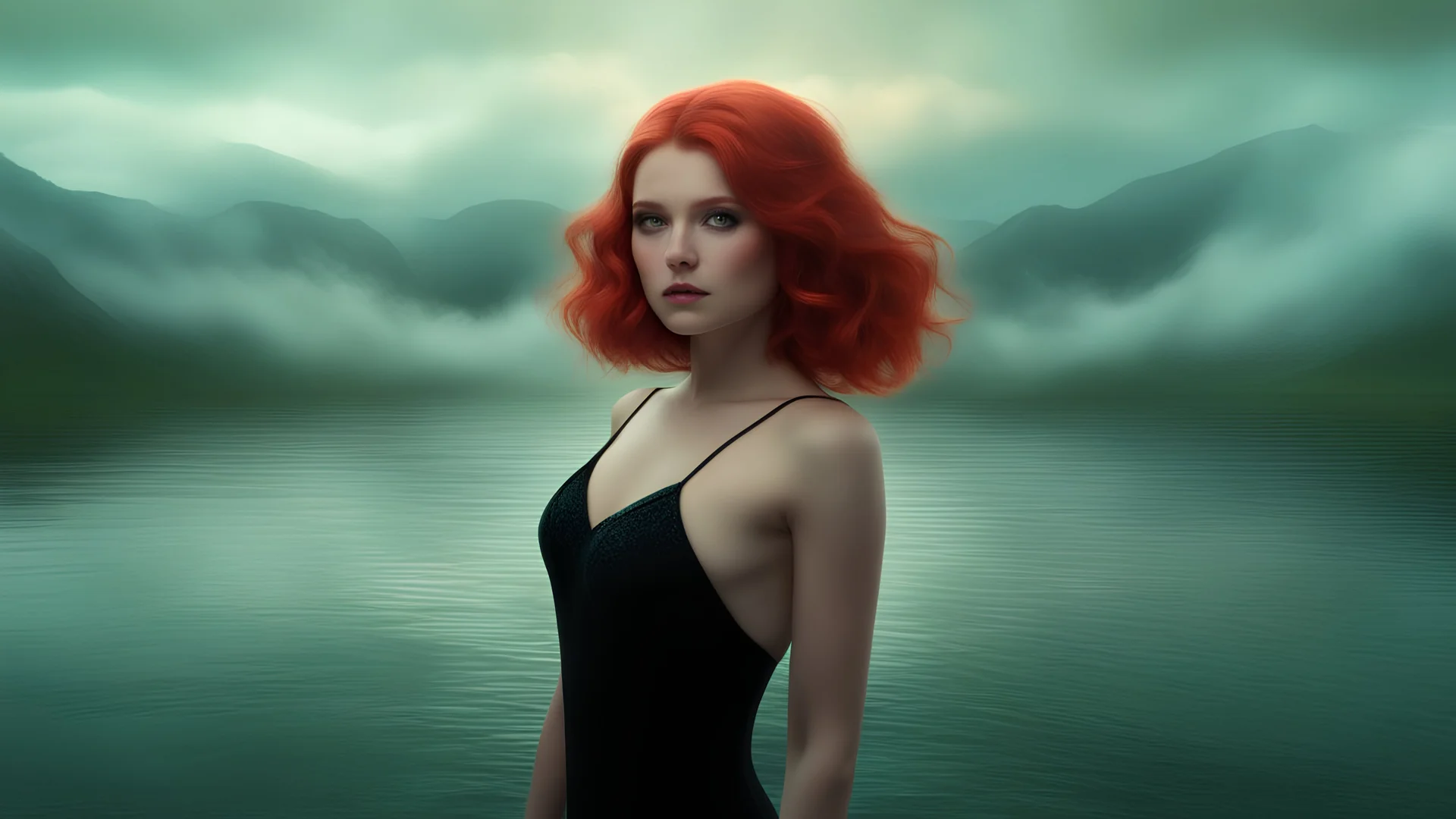 3D Bubbles, Floating hearts with an electrical current, fog, clouds, somber, ghostly mountain peaks, a flowing river of volcanic Lava, fireflies, a totally gorgeous woman with short, buzz-cut, pixie-cut red hair tapered on the sides, green eyes, wearing a black, sinister, mermaid dress
