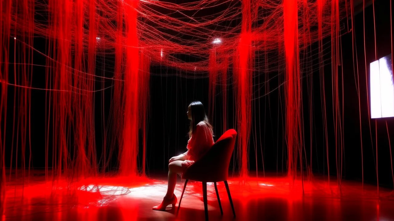 Multiple empty chairs in a room with a reflective floor surrounded by a dense network of red threads that hang from the ceiling like cobwebs, some of the threads are luminous. In only one of the chairs is a woman sitting dressed in white,