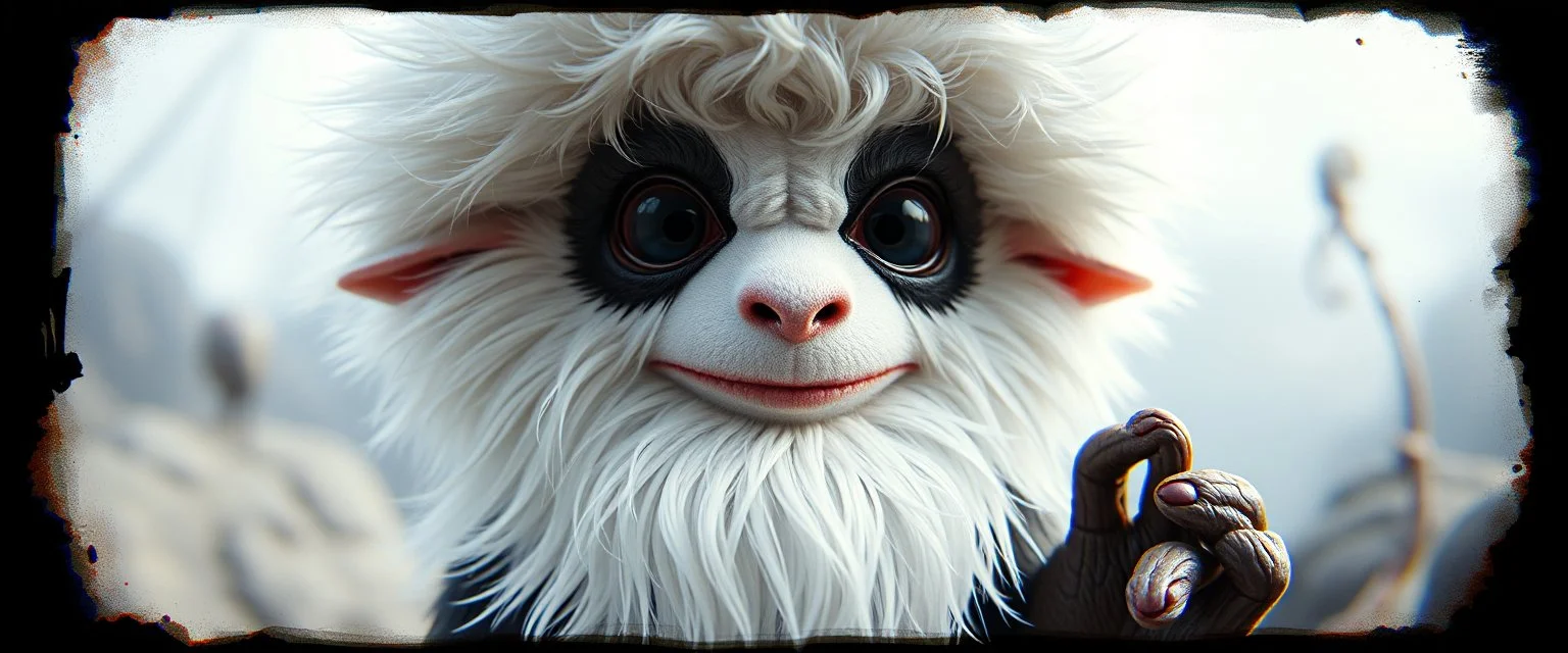 3d airbrush render, white fluffy gnome panda elf alien dodo , pinhole cam, airbrush 3d rendering, in the style of Titian and Dali , torn edges on border