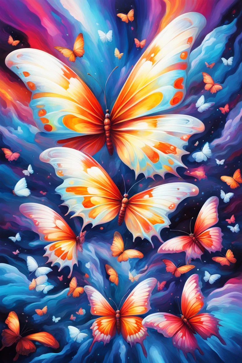 vibrant psychedelic oil painting image, airbrush, 64k, cartoon art image of background WHITE BUTTERFLIES , futurism style