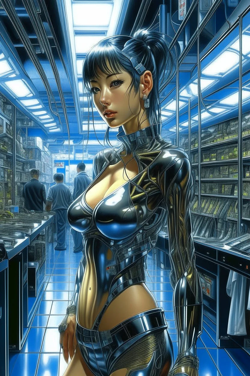 A digital photography portrait, by Hajime Sorayama, of a tech cybergirl standing in a cyberpunk shopping.