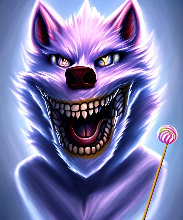 Muscular cotton candy werewolf made of candies and lollipops, sharp teeth, monstrous face, staring at you, drooling