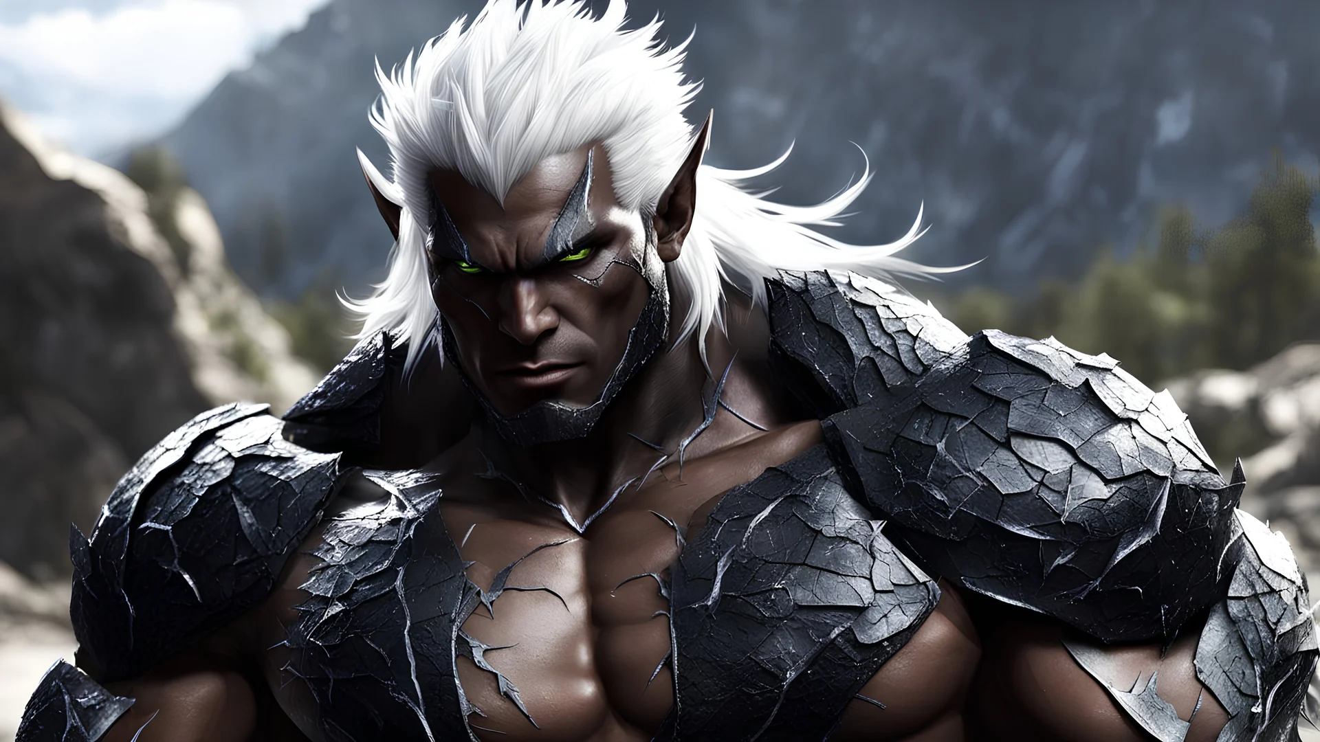 black humanoid made of rock, upper body, barechested, male, ((masterpiece, best quality)), cracked skin, white electricity coming through cracks, muscular male, (dragonborn:0.6), white hair outdoors, detailed background , depth of field