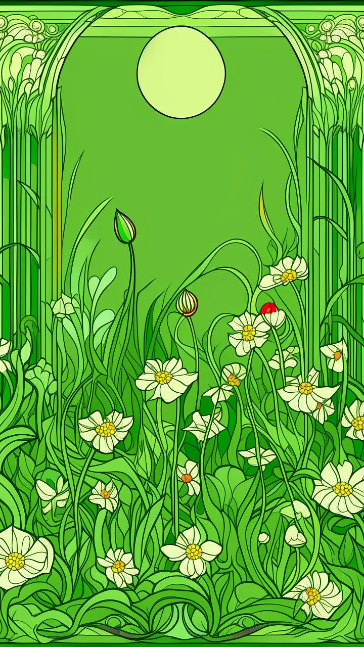 A green field with flowers in Art Nouveau art style