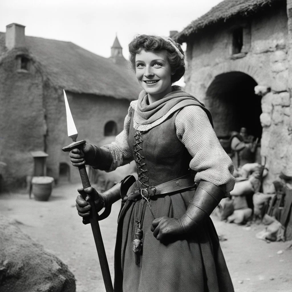 [high res photography by Ray Harryhausen] Joan:A farmer girl from Domremy, a village in medieval France, points the camera to say "THANK YOU"