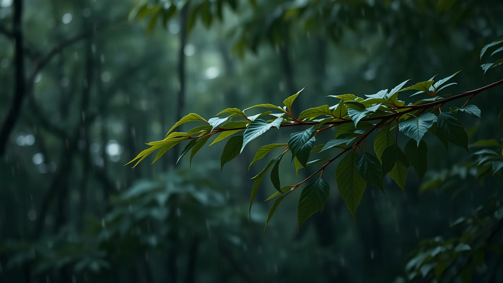 a dramatic scene in a dense FIR forest with A FIR branch under the rain. The background should feature raindrops falling around the leaves.DRAMATIC SCENE,PROFESSIONAL PHOTOGRAPHY