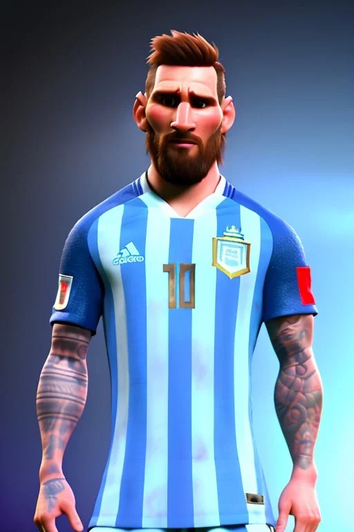 Realistic Messi Argentina soccer player Portrait, mid shot view, angry, concept art, art station, 3d, photo studio, blue clean background, unreal engine 5, ray tracing, RTX, lumen lighting, ultra detail, volumetric lighting.