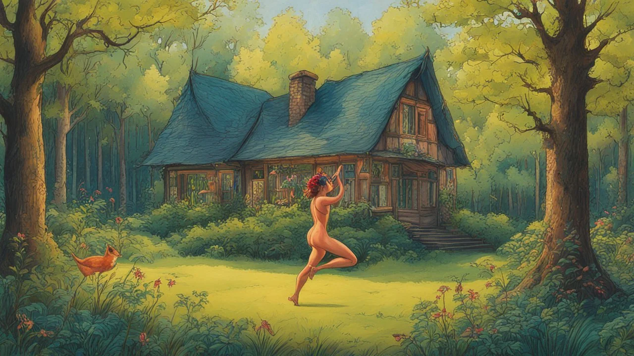 slim nymph dancing in a woodland clearing, with a woodland house behind her. vibrant colour