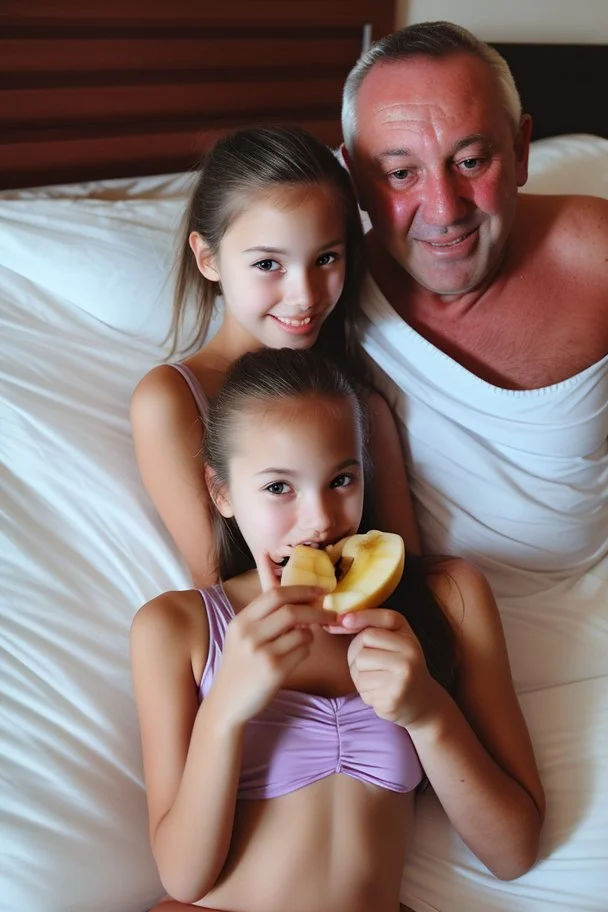 young teenage girl in a swimsuit on a bed. eating a banana. with dad