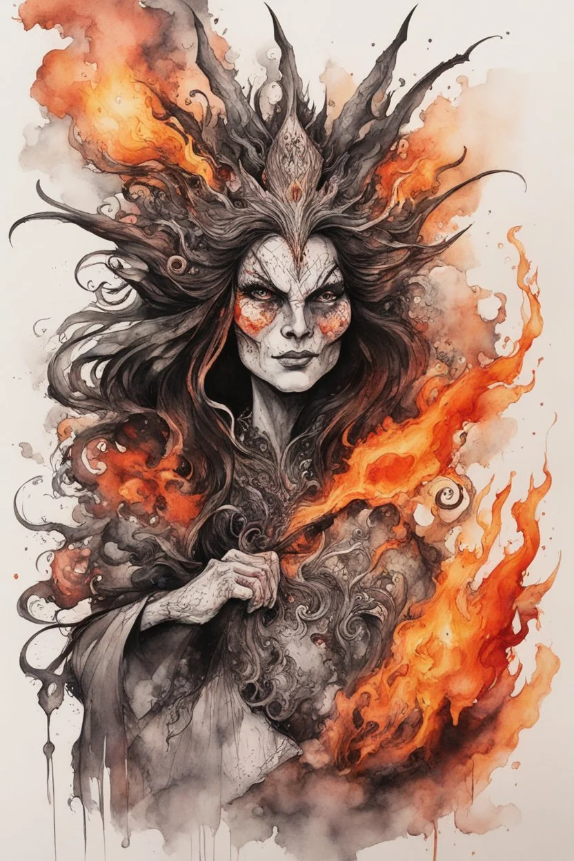 create an abstract ink wash and watercolor caricature portrait of a beautiful, malevolent, ornately dressed , 14th century sorceress engulfed in fire ,highly detailed with refined facial features in the cartoon caricature style of Gerald Scarfe and Ralph Steadman precisely drawn, boldly inked, vividly colored, 4k