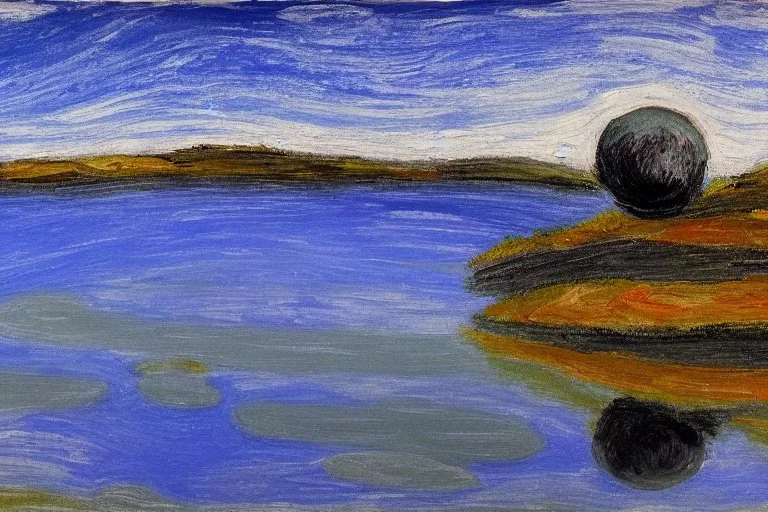 Alien landscape with one grey exoplanet in the horizon, pond, water reflection, rocky landscape, sci-fi, tendency to impressionism, realistic painting