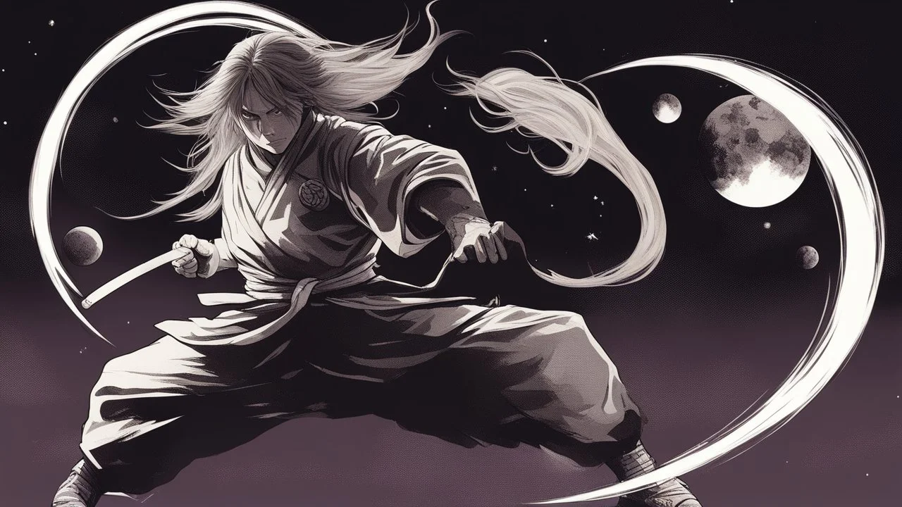 Martial Arts master, kicking, fighting, long hair, epic, space, planetary, planet destroying, dark, cute