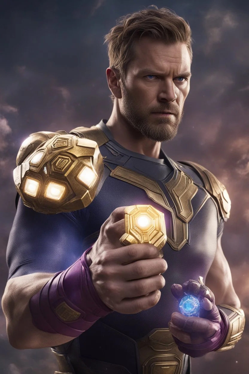 A sporty looking man with With a serious his face while holding Thanos' gantlet K's infinity gauntlet has six infinity stones