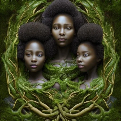 3d render, Painting .three women. A mother. Two daughter. Twins. A mother with her children the faces of three young black women. wood nymphs emerging from the forest. Her hair looks like vines. Dreadlocs. Her skin is the colour of dark soil. Her skin looks like tree bark. Her clothing is made of vines, grass and leaves.