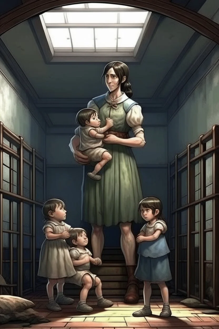 a giant woman protect 3 children, realistic style, interior of asylum