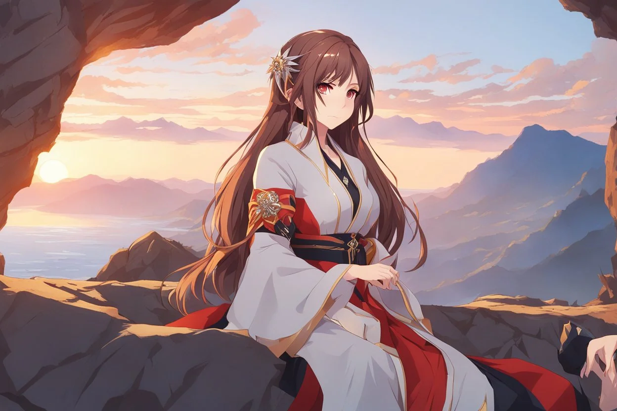 A woman from Genshin Impact, pale complexion and long brown hair, Her eyes are red with a diamond-shaped pupil, intricate background, intricate face, sitting on a cliff during sunset, contemplative, anime style, dynamic composition