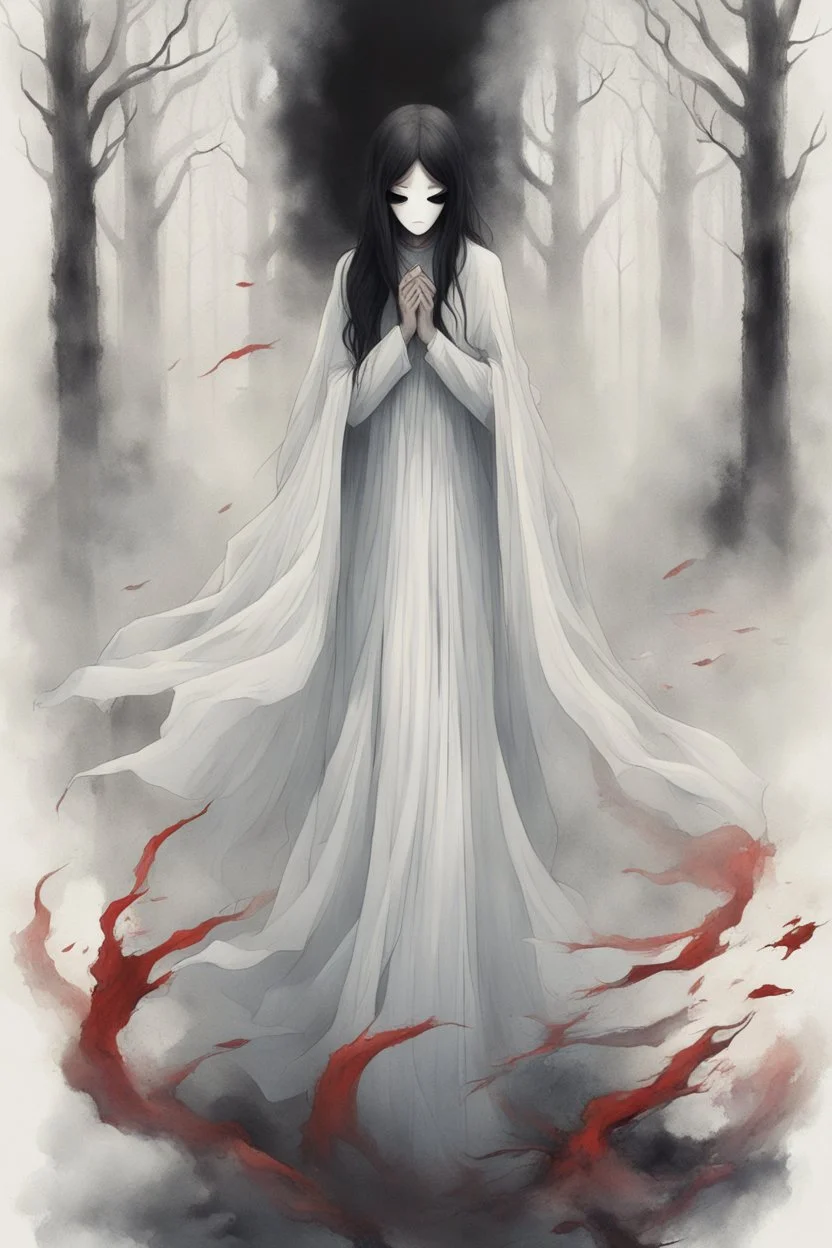 In a place filled with fog, there is an entity wearing long white clothes and wearing a white veil that hides its face, standing behind the ghost of a female with black hair that reaches her jaw, black eyes, and red lips, and wearing a black dress, and she is crying.