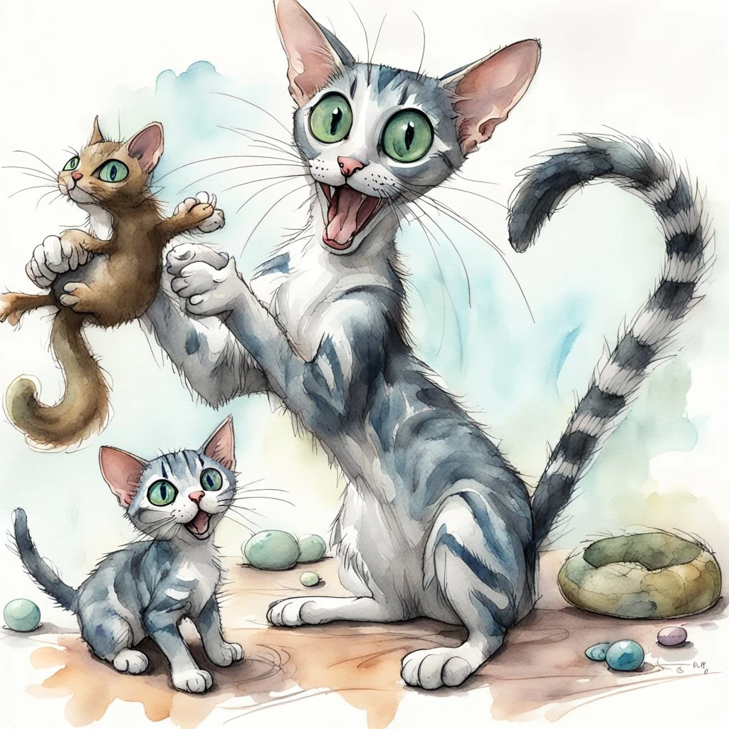 Playful watercolor sketch of two expressive Cats . One green eyed Oriental Shorthair blue and white mackerel tabby cat shorthair cat large, clutching a toy squirrel stands upright, mouth open in a comical pose, while a smaller blue eyed Oriental Shorthair cat with wide eyes sits below. Loose, gestural ink lines and soft watercolor washes overlay in a humorous scene. soft pastel cat bed with home background with subtle shading emphasizes the quirky funny characters in Chuck Jones style.