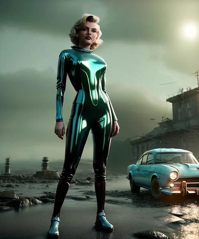 Ultra Realistic retro sci-fi 1960 scene, waist up view portrait, blonde woman, sweet young Marilyn Monroe face, perfect iris, tight latex coat, Strange planet background, Retro sci-fi style helmet, fog, rain, soft color, highly detailed, unreal engine 5, ray tracing, RTX, lumen lighting, ultra detail, volumetric lighting, 3d, finely drawn, high definition, high resolution.