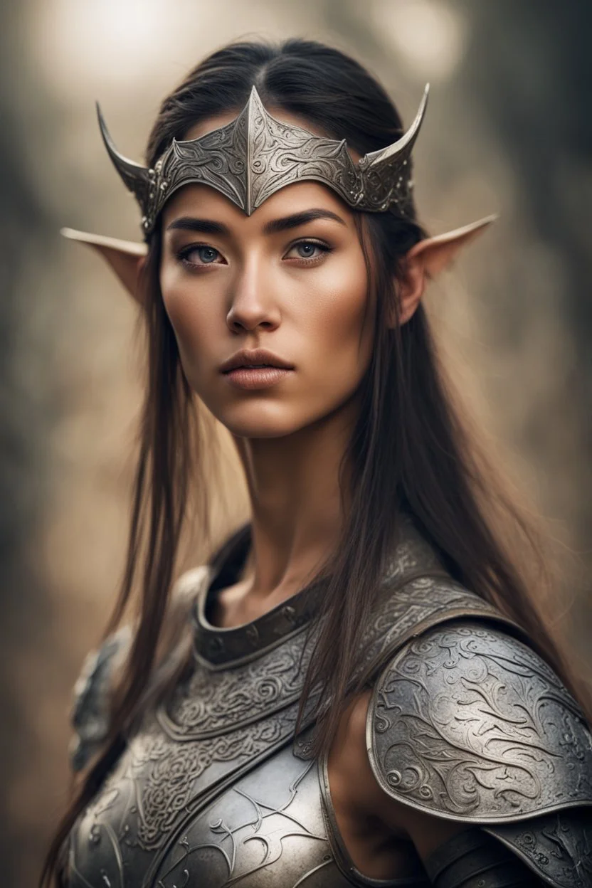 Warrior young woman with asian eyes, tanned skin, serious look, wearing an elven armor,