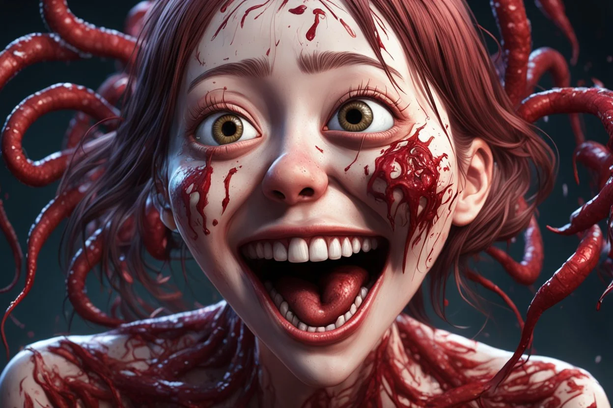 Woman with rare eyes,smiling meanwhile many worms streaming from his mouth, face distorted with pain, screaming, tears streaming, siting pose, fullbody, Junji Ito style, darkred tones,high detailed, 4k resolution, digital paiting, cute, art, no background 3d pixar disney the cinematic FKAA, TXAA, and RTX graphics technology employed for stunning detail.