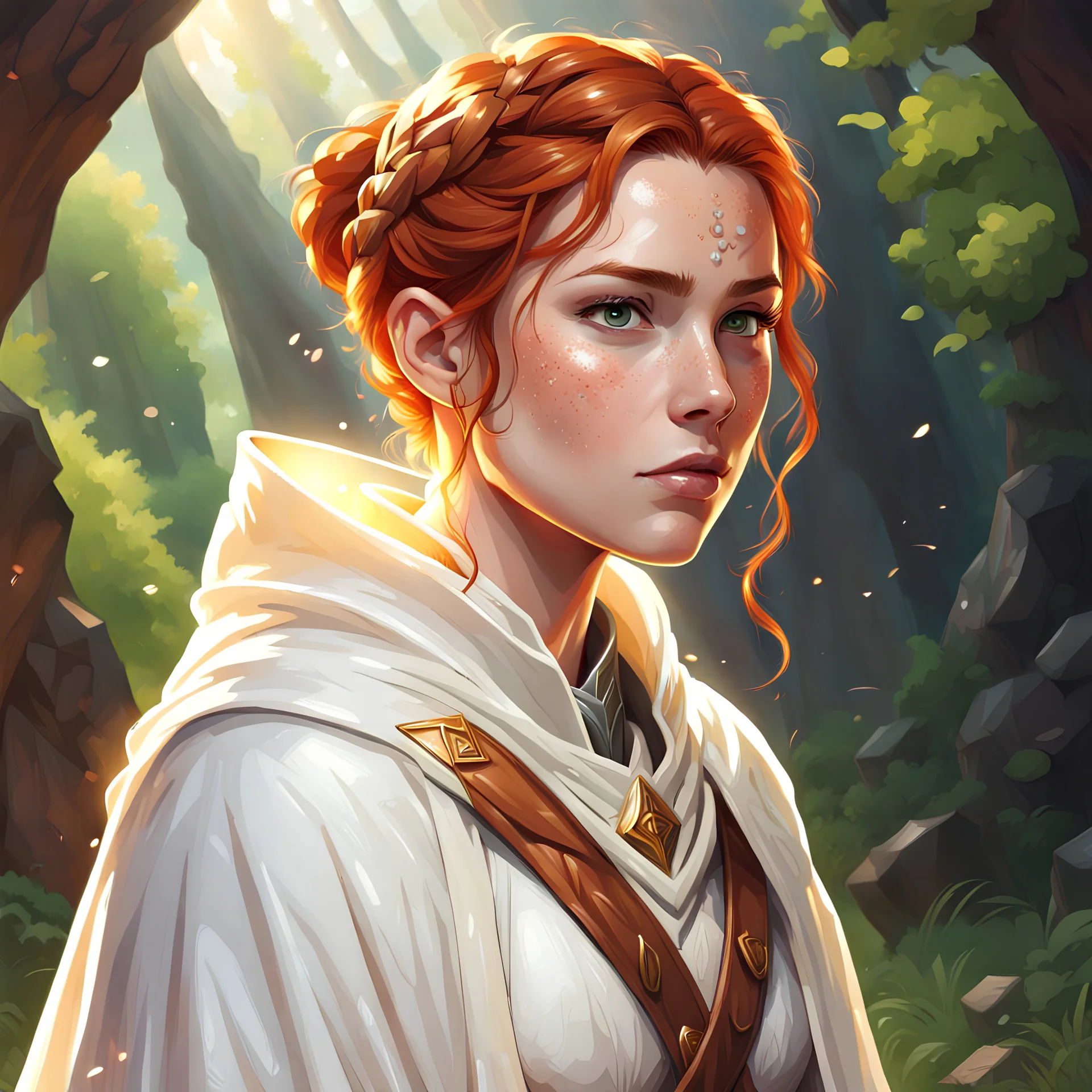 dungeons & dragons; portrait; teenager; female; cleric; ginger hair; braided bun; brown eyes; cloak; flowing robes; cleric armor; nature; sunny; freckles; trusting; healing magic; prayer; veil