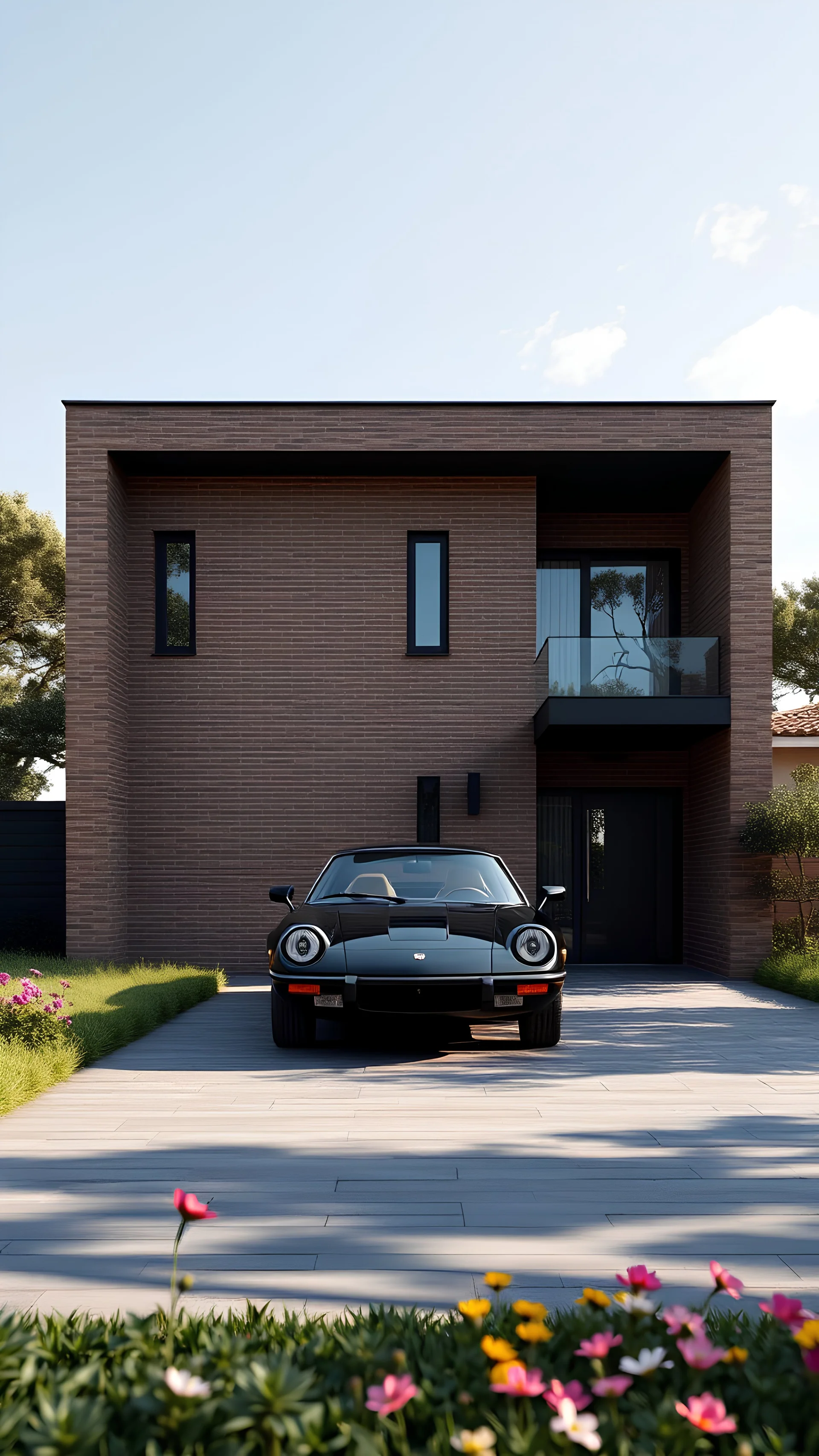 Modern villa 250m2 business class in Spain. House with a flat roof, two-story. Elegant car from 80's under a canopy. in the foreground paved driveway dark shade. Competitive development project in the style of architect Tadao Ando. Brick and dark metal house facade. front camera view. Small windows. Dark frame of windows. Midday, clear sky, small clouds in the sky. gloomy vegetation, lush decorative vegetation, wildflowers. Archdaily style shot. Photorealistic. Cozy, elegant