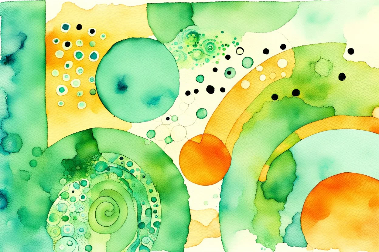 Same prompt used in various image generators (listed under each image) Create a mixed media abstract composition featuring a watercolor wash in shades of green, turquoise, aqua, and blue. Layer the background with Klimt-inspired black and white markings—spirals, dots, geometric shapes, and line motifs. Add vivid accent strokes in tempera stick colors such as orange, pink, and purple. Incorporate irregular patches of gold leaf foil for shimmering highlights and visual contrast. The overall effect