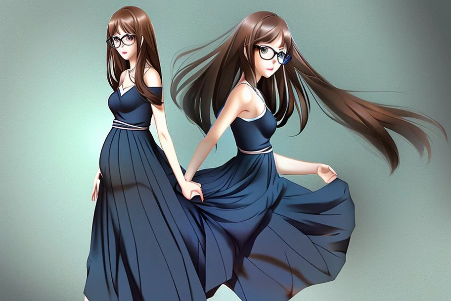 full body of a brown haired anime manga pregnant girl in dark blue dress with eyeglasses