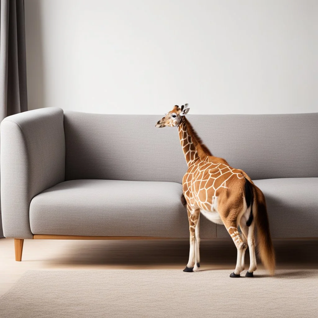 the giraffe chews its remote control in the sofa