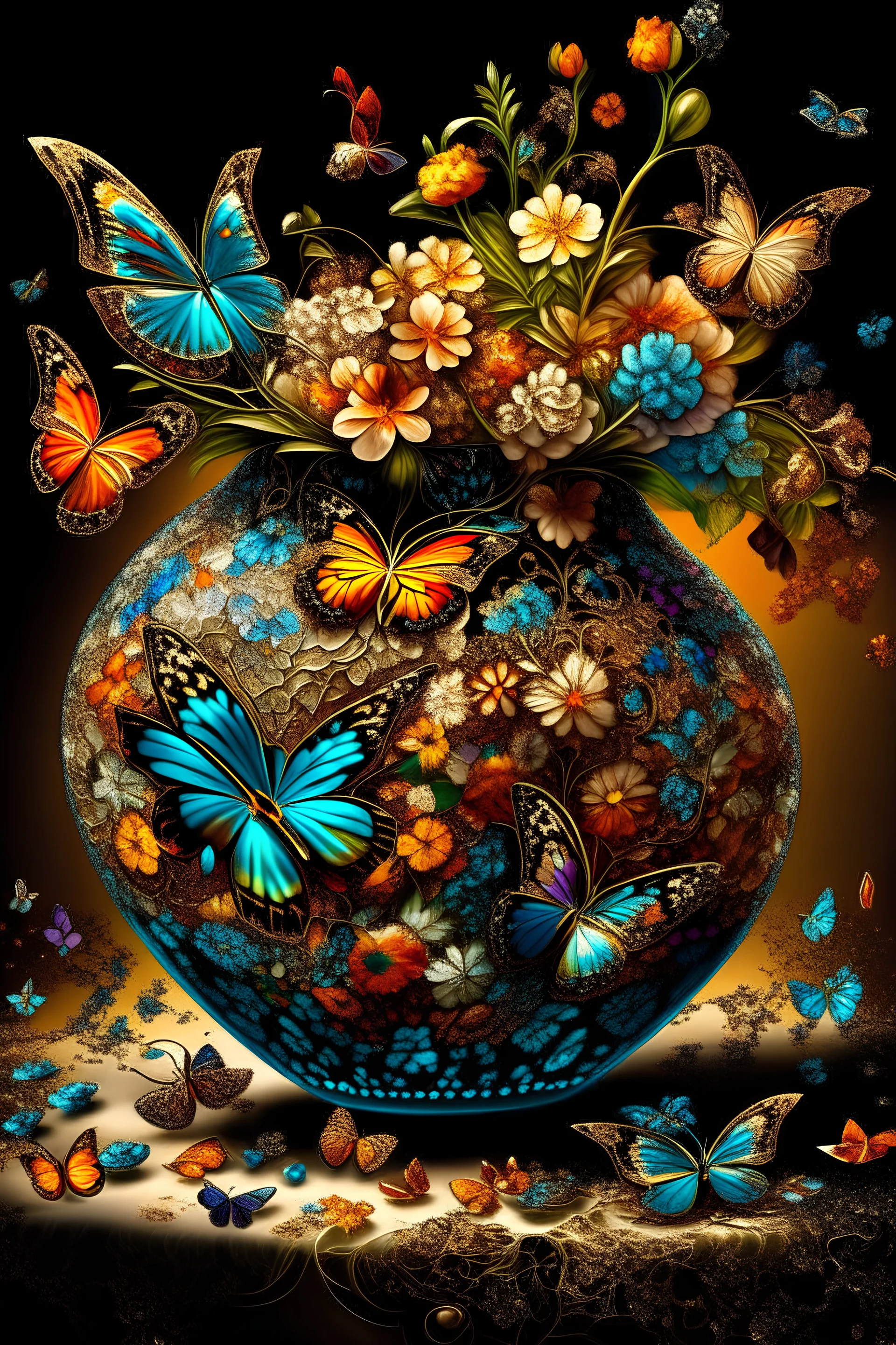 83. digital painting, magic vase woven from butterflies and caramel fractals, rhinestones, radiance, patterns on the tablecloth, bouquet of butterflies, high detail, high resolution, contrast