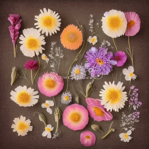 delicate arrangement of pressed flowers, beautiful composition, aesthetic layout, wildflowers, fine lineart