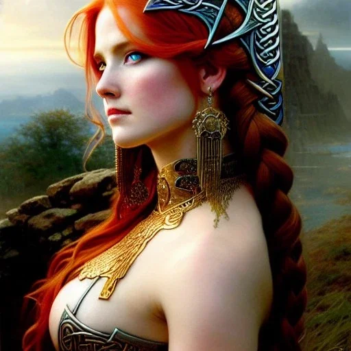 portrait 'beautiful Sexy busty Redhead Sif',long hair, Braids,horned helmet, celtic tattoed,painting by gaston bussiere, greg rutkowski, yoji shinkawa, yoshitaka amano, tsutomu nihei, donato giancola, tim hildebrandt, oil on canvas, cinematic composition, extreme detail,fit full head inside picture,32k