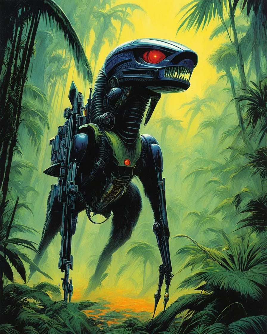 hidden predator [art by John Paul Leon and Bruce Pennington] in the jungle tactic squadron member trained to kill PREDATORS, helicopterus alien with a lot of mini guns