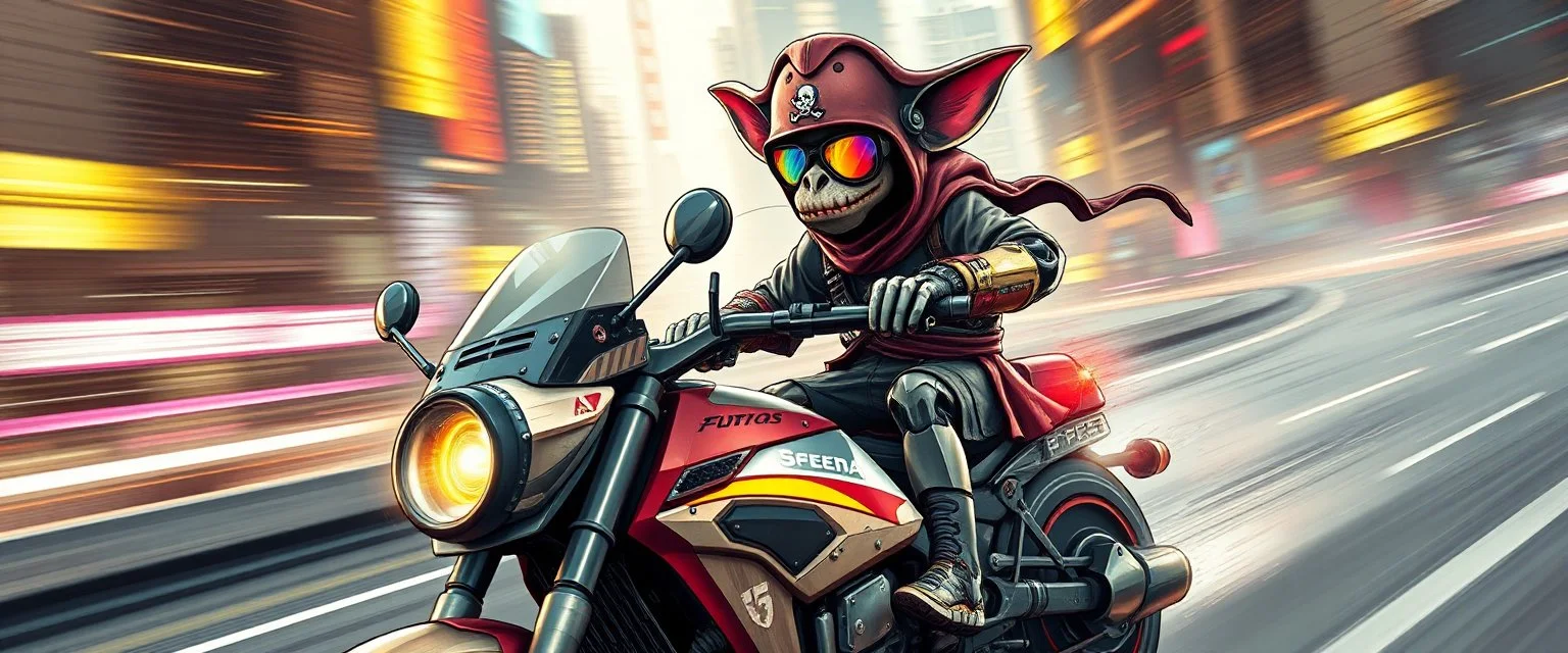 robotic ai pirate ninja in the style of fallout 4 hi speed rocket ship on leaning scooter in a swing, coated rat gremlin captain in high speed pursuit among neon spy vs spy rat cyber soldiers, with background motion blur, airbrush and pen outline, in the style of Fallout 4 and Cyberpunk and GTA5, huge transparent sun glasses