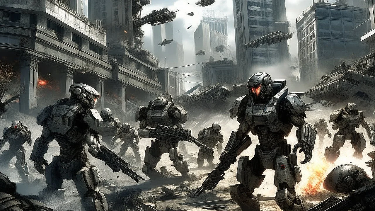 "Digital Illustration, A dynamic scene capturing the intensity of 21st-century humanity's military forces engaged in a desperate battle against a technologically superior invading alien species. The human soldiers, equipped with the latest in armor and weaponry, execute coordinated tactics amidst the ruins of a city. The aliens, characterized by their biomechanical designs and advanced weapons, tower over the human fighters, emitting a sense of otherworldly menace. The background is a chaotic bl