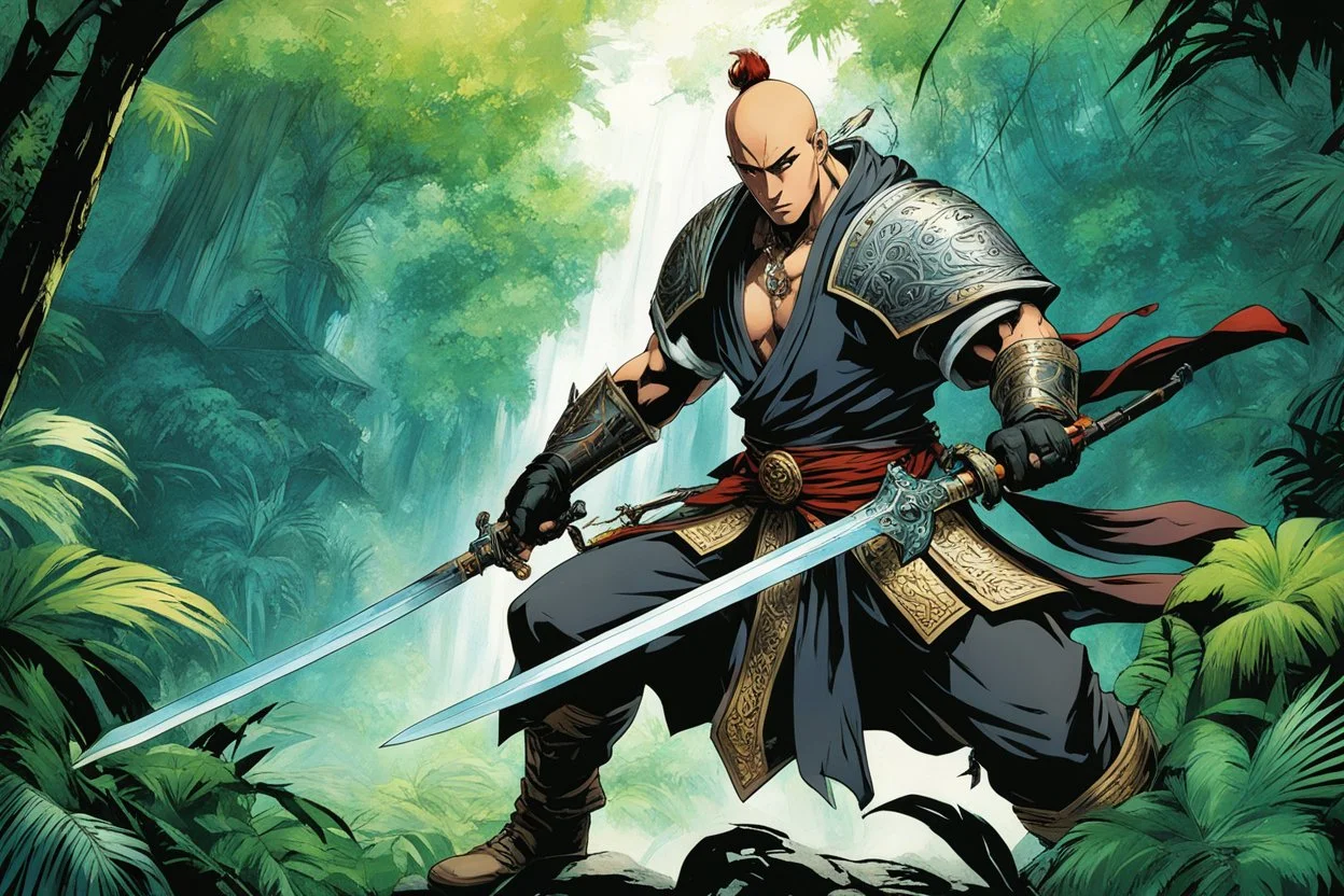 (in the style of Orion, by Masamune Shirow) DUEL: a tattooed gangsta monk with his staff fights against a paladin knight with his two handed sword zweihander in the jungle